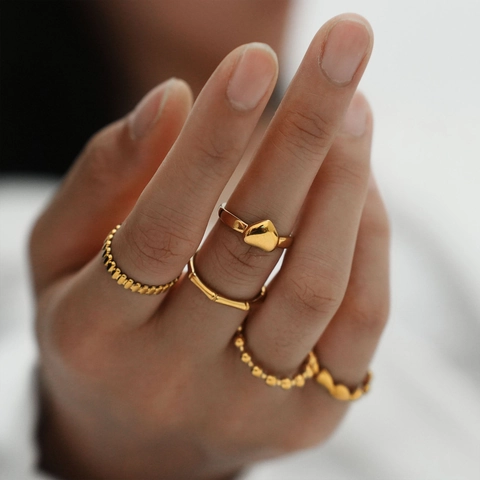 Stainless Steel Heart Bamboo Beaded Open Adjustable Stackable Rings For Women 18K Gold Plated Personalized Fashion Jewelry