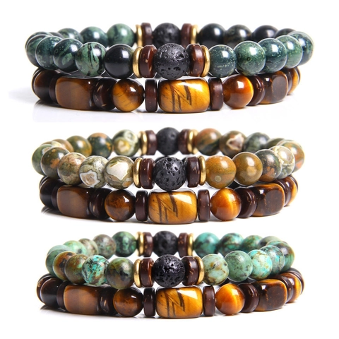 Vintage Men Beaded Bracelet Combination Natural Tiger Eye Lava Rock Stone Wood Spacers Elastic Handmade Jewelry