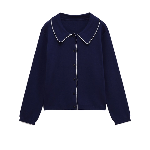Dames Gebreid Vest Schulprand Peter Pan Kraag Lange Mouwen Polyester Acryl Knoopsluiting Elegante Trui