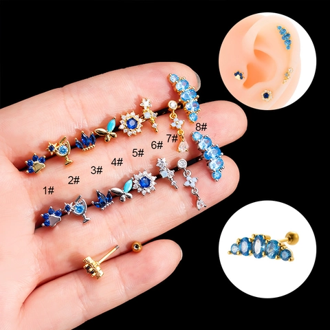 Blauwe Zirkoon Bloem Vlinder Kroon Kraakbeen Piercing Stud Roestvrij Staal Schroefsluiting Oorbel Mode-Sieraden