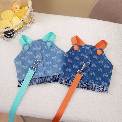 Adjustable Pet Harness And Leash Denim Fabric Bowknot Print Tassel Fringe Vest Style For Small Dogs Cats