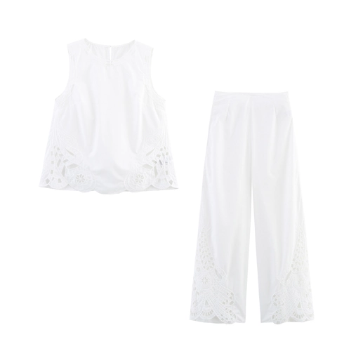 Women Sleeveless Round Neck Top And Trousers Polyester Hollow Out Embroidery White French Style Elegant