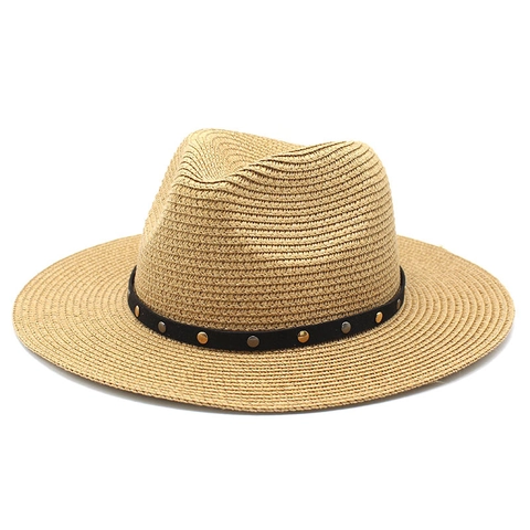 Woven Straw Fedora Hat Wide Brim Panama Sun Cap With Rivet Band Retro Jazz Style For Men Women Outdoor Beach