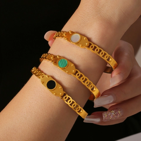 Vintage Armreif Vergoldet Edelstahl Geometrische Einlage Perlmutt Malachit Schmuck Für Damen
