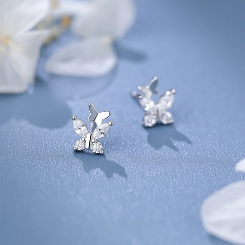Sterling Silver Double Butterfly Stud Earrings For Women Dainty Zirconia Inlaid Minimalist Fresh Style Fashion Jewelry Gift