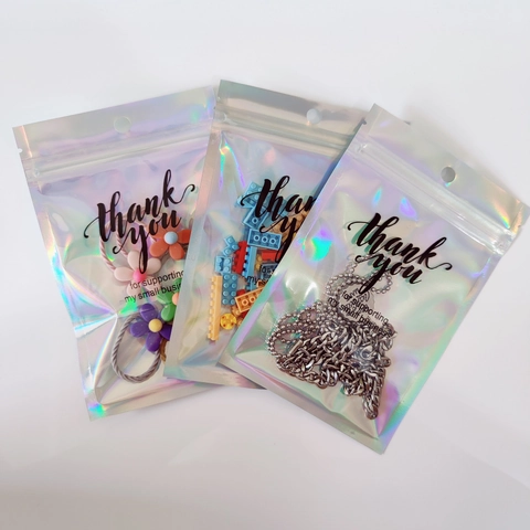 Holographic Laser Resealable Bags Thank You Small Business Packaging Jewelry Storage Pouches Rainbow Clear Zip Bags