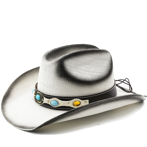 Cappello Da Cowboy Western In Paglia Con Cintura In Pelle Turchese Tesa Larga Sfumato Stile Vintage Per Uomo Donna