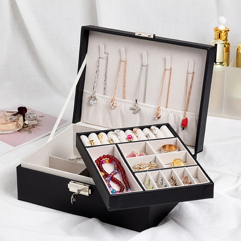 Double Layer PU Leather Jewelry Organizer Box Large Capacity Jewelry Storage Box With Metal Lock And Velvet Lining For Women