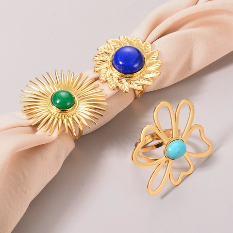 Vintage Stainless Steel Turquoise Flower Open Ring Gold Plated Waterproof Sun Leaf Statement Adjustable Finger Ring Women Jewelry