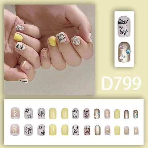 Press On Nails Short Square Hand Painted Cartoon Stars Sun Cat With Rhinestones Gold Foil And Glue Cute Style False Nails