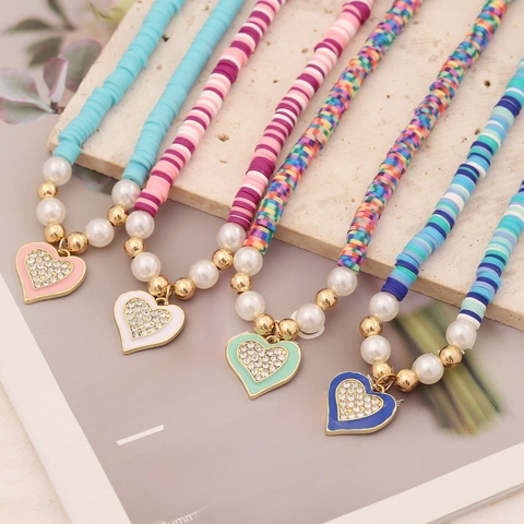 Collana Di Perline Bohemien In Argilla Polimerica E Künstliche Perle Sintetiche Smalto Strass Pendente Cuore Gioielli Da Donna