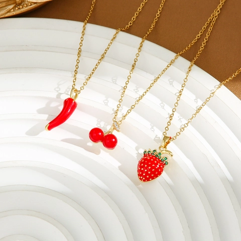 Fruit Pendant Necklace Red Enamel Chili Strawberry Cherry Zircon Inlaid Titanium Steel Gold Plated Elegant Jewelry For Women