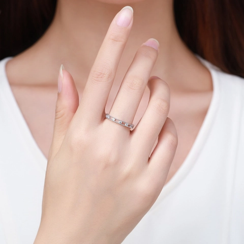 925 Sterling Silver Zirconia Eternity Ring For Women Minimalist Milgrain Edge Hollow Geometric Band Ring Fashion Jewelry Gift