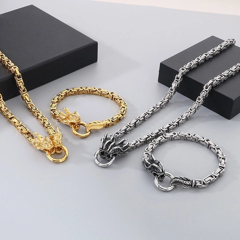 Men's Hip Hop Stainless Steel Dragon Head Byzantine Chain Necklace Bracelet Jewelry Set Chinese Zodiac Dragon Jewelry Accessory