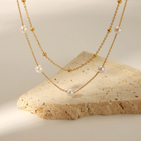Collar De Varias Capas Chapado En Oro De 18K Acero Inoxidable Con Perlas Artificiales De Imitación Blancas Elegante Cadena Para Mujer