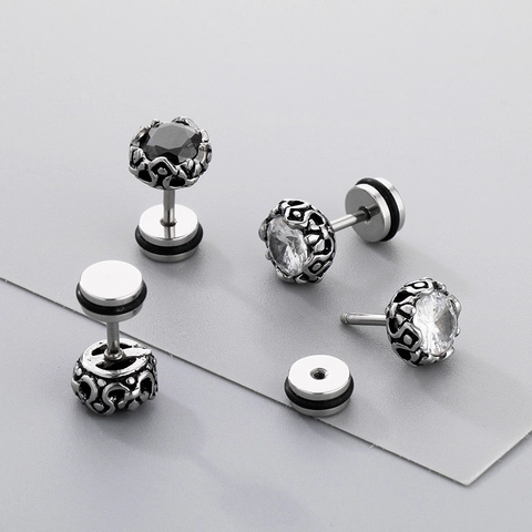 Orecchini A Perno Vintage In Acciaio Inossidabile Zirconia Punk Gotico Chiusura A Vite Barbell Gioielli Unisex