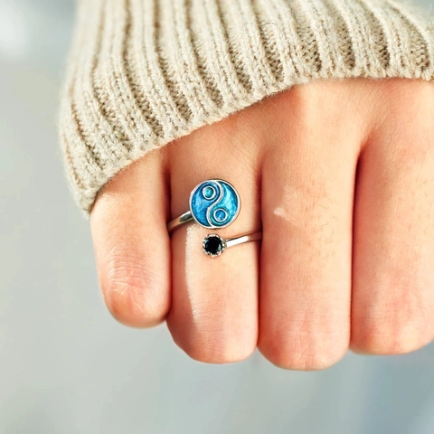 S925 Sterling Silver Yin Yang Tai Chi Ring For Women Black Blue Enamel Adjustable Open Finger Ring Fashion Jewelry