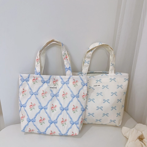 Mini Floral Canvas Handbag Small Cotton Tote Bag With Zip Closure Fresh Pastoral Style Portable Lunch Bag For Women