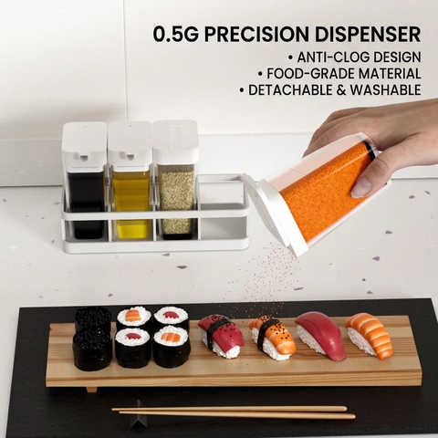 Juego De Botellas De Condimento Estilo Japonés De Plástico Frascos De Especias Cuantitativos Resistentes A La Humedad Dispensador De Aceite Con Estante