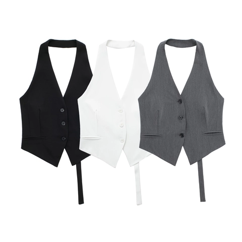 Damen Halterneck Weste Polyester Rückenfrei Knöpfe V-Saum Sexy Professionelles Streetwear Top