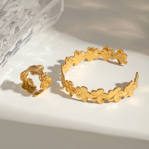Gioielli in Acciaio Inossidabile Fiore Anello Bracciale Regolabile Oro Strutturato Fiore Aperto Ipoallergenico Donna