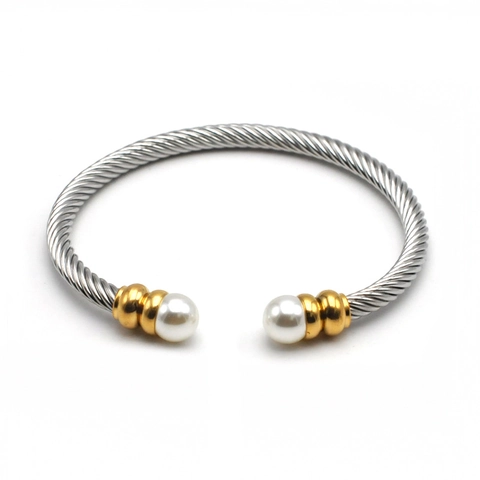 Minimalist Open Cuff Bracelet Stainless Steel Twisted Cable Double Artificial Pearl Elegant Vintage Style Jewelry For Women