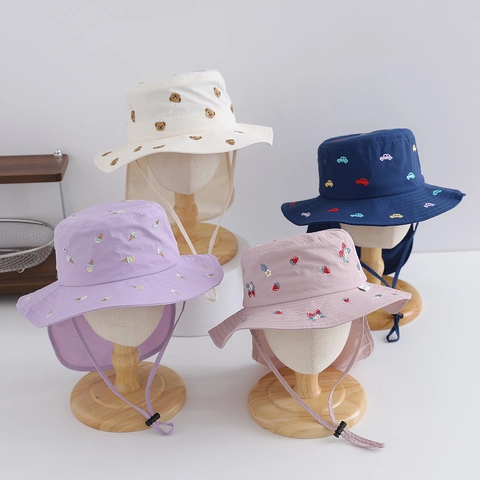 Cappello Sole Bambini Con Protezione Nuca Asciugatura Rapida Traspirante Nylon Bucket Ricamo Animale Cartone Regolabile