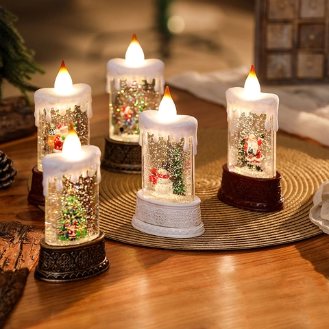 Bougie LED De Noël Boule À Neige Lumineuse Remplie D Eau Paillettes Lampe De Nuit Père Noël Bonhomme De Neige Décoration De Table