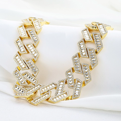 Collier Chaîne Cubaine Hip Hop Iced Out Losange Alliage de Zinc Zirconia Rangées Multiples Strass Chaîne Épaisse Bijoux Party Unisexe