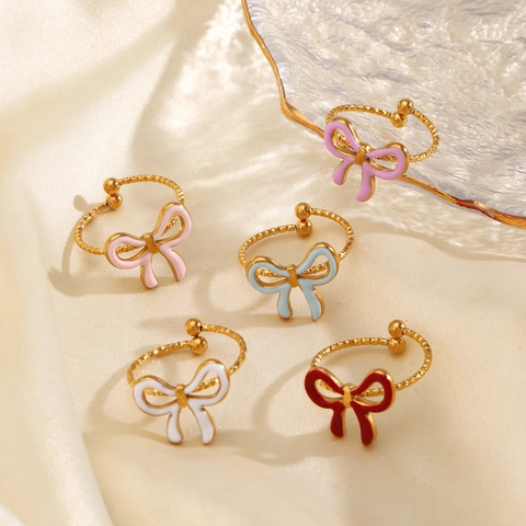 Anello Con Fiocco Acciaio Inossidabile Regolabile Smalto Goccia Olio Placcato Oro Gioielli Moda Donna