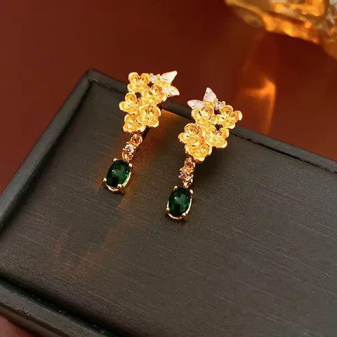 Orecchini A Pendente Vintage A Grappolo Di Fiori Placcati Oro Con Perno In Argento Zircone Verde Gioielli Per Donna