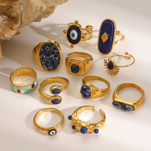 Anelli In Acciaio Inossidabile Da Donna Oro Vintage Boemo Malocchio Sole Luna Lapislazzuli Pietra Naturale Gioielli