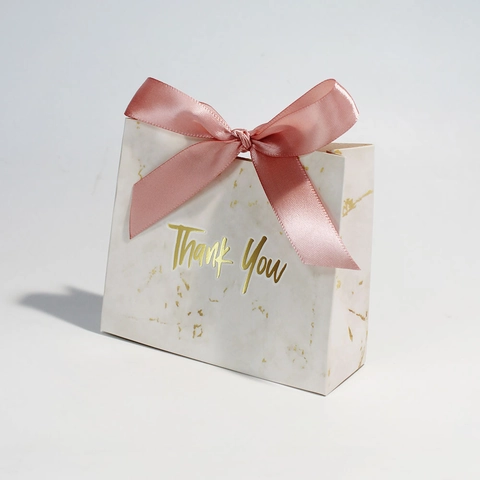 Marble Pattern Thank You Candy Boxes Gift Bags With Satin Ribbon Bow Gold Foil For Wedding Party Favors Elegant Packaging