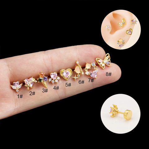 Cartilage Stud Earrings Stainless Steel Heart Butterfly Pink Zircon Screw Back Piercing Jewelry Fashion Women