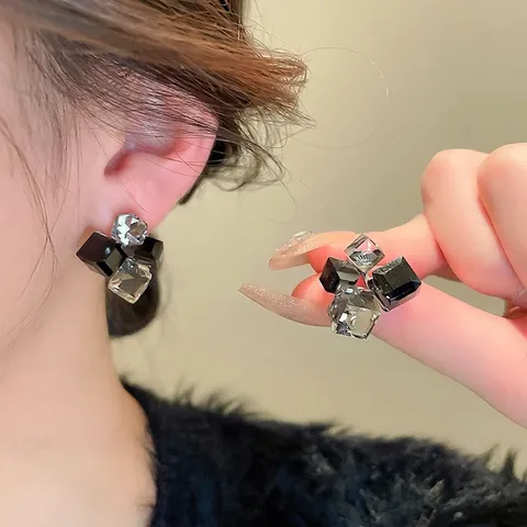 Geometric Square Stud Earrings With Faux Crystal Alloy And 925 Sterling Silver Earring Post Trendy Niche Style For Women