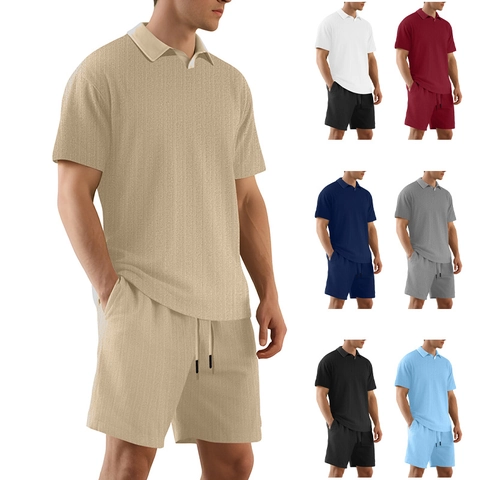 Men Ribbed Polo Shirt And Drawstring Shorts Casual Summer Sportswear Old Money Style Textured Knitted Outfits