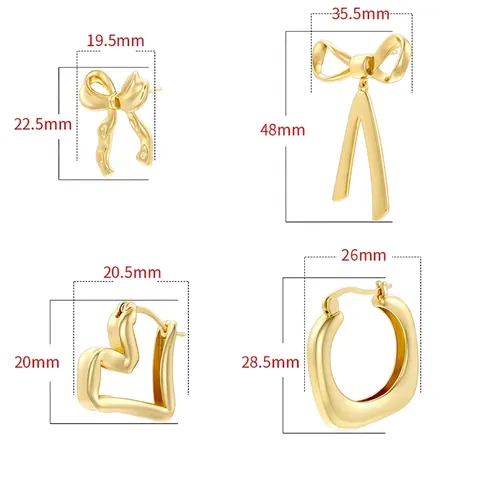 Vintage Geometric Bowknot Heart Stud Hoop Earrings Brass Gold Silver Plated Minimalist Chic Jewelry For Women