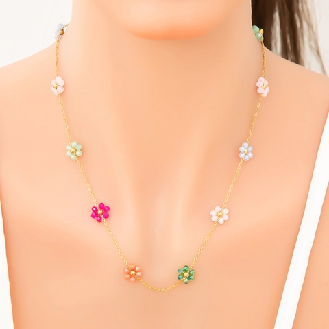 18K Gold Plated Stainless Steel Floral Necklace Bracelet Jewelry Colorful Acrylic Bead Flower Chain For Women Girl Accessory