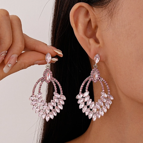 Luxury Rhinestone Wheat Leaf Teardrop Earrings Alloy Hollow Multi Layer Jewelry With Silver Earring Post For Women
