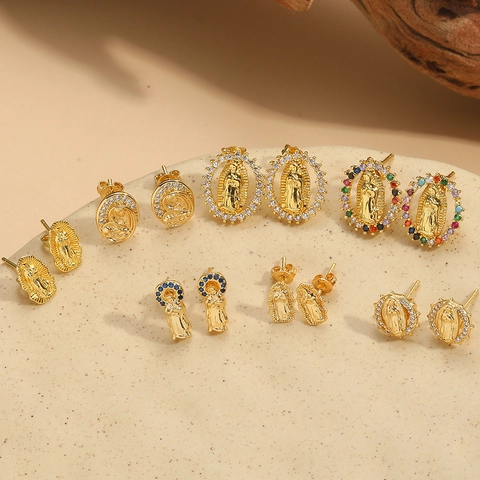 Boucles D Oreilles Vierge Marie Notre Dame De Guadalupe Bijoux Religieux En Cuivre Plaqué Or Et Zircon Vintage