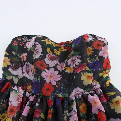 Dames Strapless Mini Jurk Bloemenprint Hoge Taille Organza Pofrok Zoete Party Tube Top Jurk Zwart