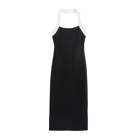 Women Elegant Halter Neck Midi Dress Backless Slim Fit Contrast Color Sleeveless Polyester Knit Party Evening