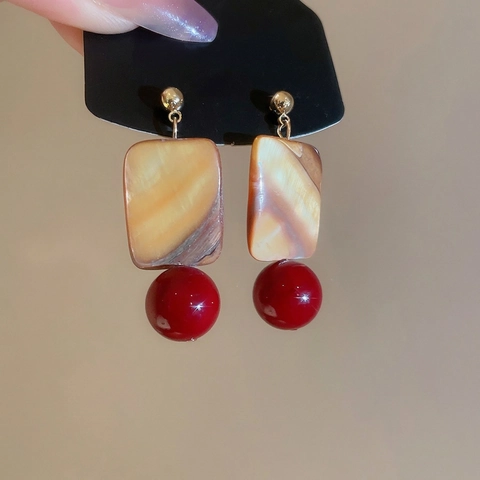 Pendientes Colgantes Retro Con Poste De Plata De Ley 925 Resina Cuadrada Textura De Concha Cuenta De Vidrio Roja Mujer