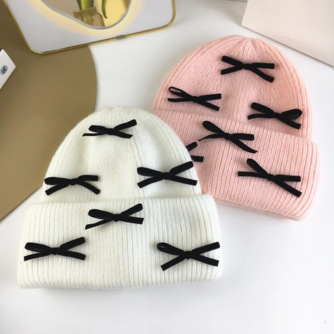 Gorro de Punto de Pelo de Conejo de Invierno para Mujer Lindo Lazo Protección de Oídos Cálido Estilo Coreano Moda Color Sólido