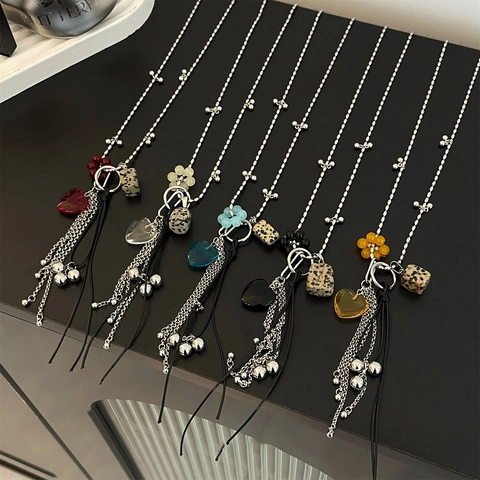 Lange Pulloverkette Legierung Herz Glasanhänger Perlenkette Mit Geflecktem Stein Und Quaste Y2K Street Style Schmuck