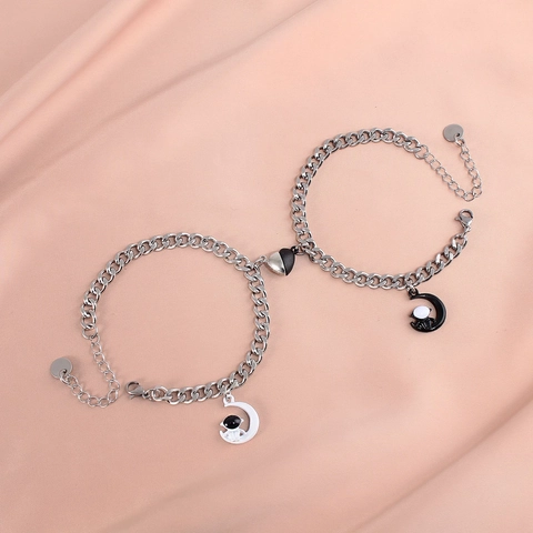 Bracciale Coppia Astronauta Acciaio Inossidabile Catena Cubana Lega Ciondolo Cuore Magnetico Argento Braccialetti Per Uomo Donna