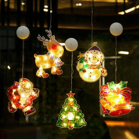Christmas LED Suction Cup Window Lights Santa Snowman Reindeer Pattern Battery Operated Warm White Holiday Hanging Decorations
