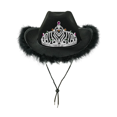 Cappello Da Cowboy Occidentale Feltro Con Corona Di Tiara Argentata Strass Colorati Bordo In Piume Corda Regolabile Per Festa Cosplay Donne Ragazze