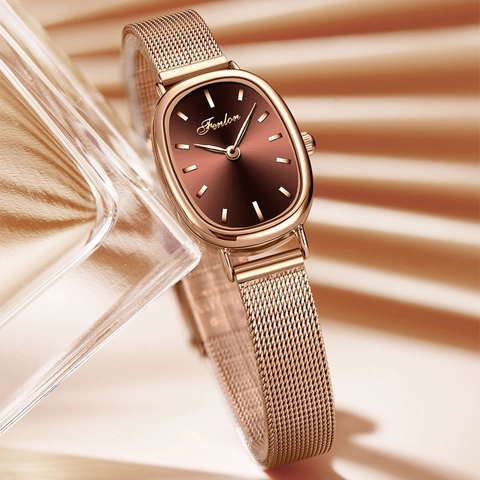 Women Quartz Watch Oval Sunray Dial Rose Gold Alloy Case Stainless Steel Mesh Strap Water Resistant Elegant Vintage