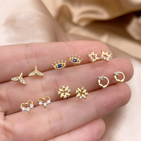 925 Sterling Silver Post Gold Plated Copper Crown Heart Zirconia Stud Earrings For Women Elegant Simple Fashion Jewelry